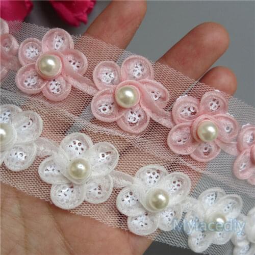 10x Pearl Sequins Flower Embroidered Lace Edge Trim Ribbon Floral Applique Patches Fabric Sewing Craft Vintage Wedding Dress