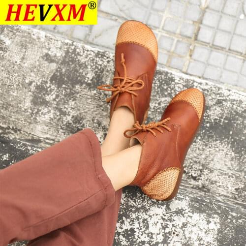 HEVXM 2021 Handmade Retro Genuine Leather Lace Up Flats Splicing Design Round Toe Ankle Boots Coffe/Brown/Black