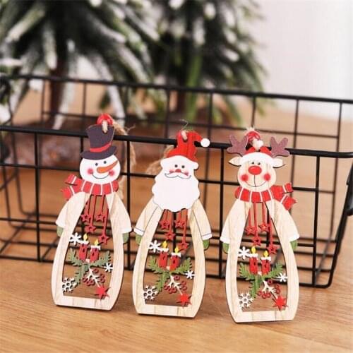 Wooden Snowflake Candle Hollow Santa Claus Christmas Tree Decorations Wine Bottle Shape Xmas Christmas Pendant Happy New Year