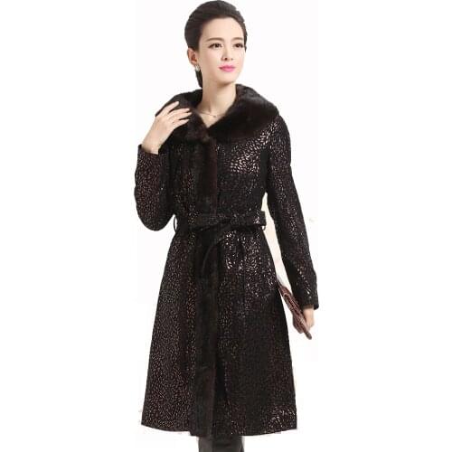 2020 european Luxury Genuine Printed Sheepskin Leather Down Parkas Coat mink Fur Collar Winter Women Fur Outerwear Coats