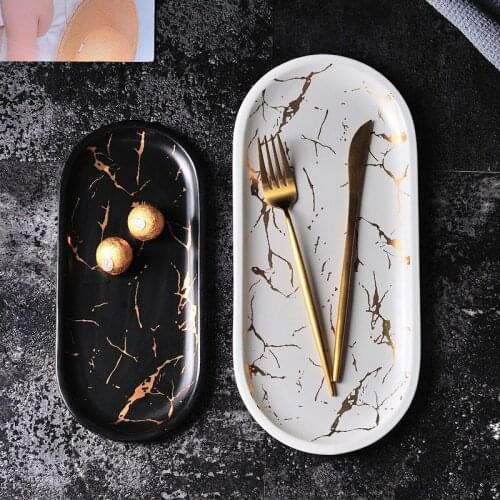 European Style Marble Plates Ceramic Dinner Set Gold Inlay Porcelain Dessert Jewelry Plate Steak Salad Cake Plates Tableware