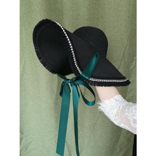 French Romatic Women Pearl Brim Sun Hat Women 12Cm wide Brim Ribbon Bow Straw Hat Summer Beach Party Lolita Bonnet Sombrebro Cap