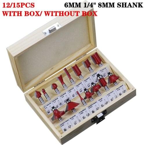 15pcs/set 1/4'' 8mm Shank Tungsten Carbide Woodworking Milling Cutters Wood Engraving Cutting Tools Router Bit Sets With Box