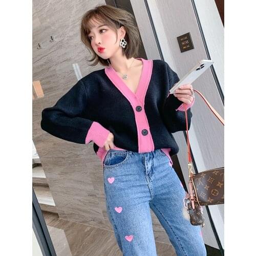 Contrast stitching V Collar single breasted loose knit cardigan womens wear 2021 Spring new High Quality Top Quality