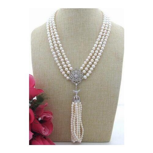 Beautiful 3row White Pearl Rhinestone Pendant Necklace