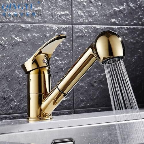 QINGYU ELEVEN Kitchen Faucets 360 Degree Swivel Pull Out Kitchen Sink Faucet Water-Saving Black White Gold Basin Mixer Brass Tap