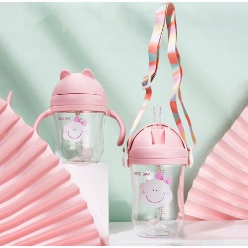 2 Use Cute Baby Feeding Cup with Straw BPA Free Portable Feeding Bottle Leak Proof with Handle Kids Training Tritan Bebe Copos