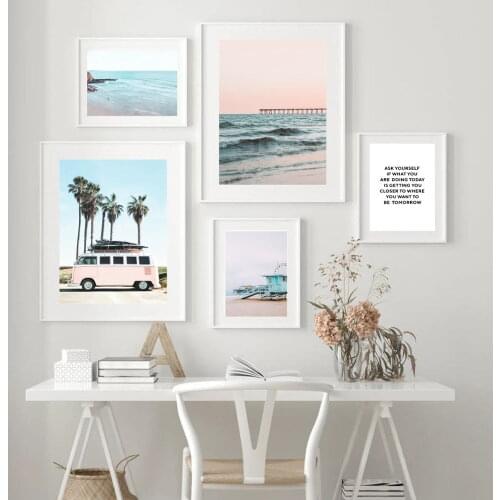 Ocean Landscape Canvas Poster Nordic Style Beach Pink Bus Wall Art Print Painting Decoration Picture Scandinavian Home Decor