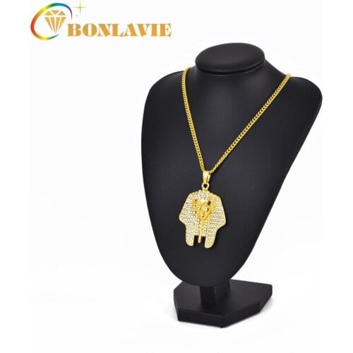 Men Necklace Gold Hip Hop Egypt Pharaoh Ancient Egypt King Full Rhinestone Pendant Necklace Cuban Chain Mens Accessories