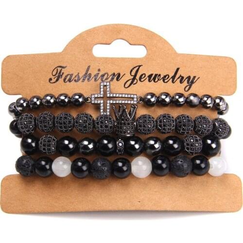 High Quality 4pcs/set Multi-layer Men Bracelet Natural Onyx Stone Beads Bracelet Micro Pave CZ Crown Charm Bracelet Jewelry Male