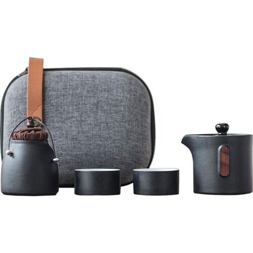 Chinese Travel Ceramic Tea Set Sandalwood Handle Teacups Set with Tea Caddy and Portable Tea Bag