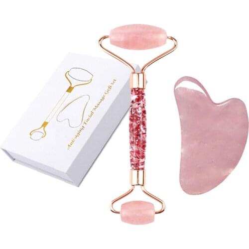 Natural Rose Quartz and white Jade Stone Facial Massage Roller Gouache Board Scraper Face Lift Slimming Beauty Neck Skin Care
