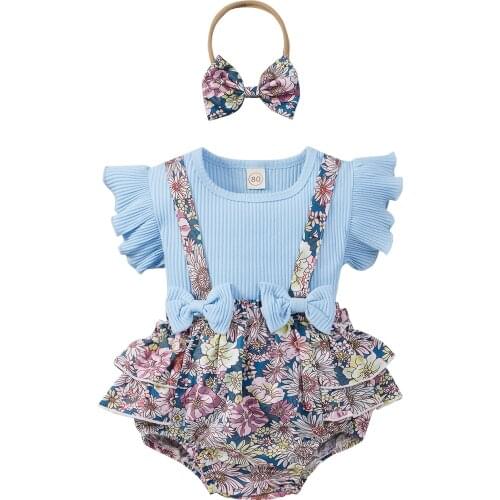 New Toddler Short Sleeve Romper + Suspender Shorts + Bow Headband, Sunflower Print Summer Clothing
