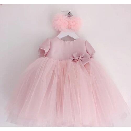Princess Flower Girl Wedding Dress Children Lace Pearl Bow Tutu Ball Gown Baby Birthday Party Dress Christening Evening Costumes
