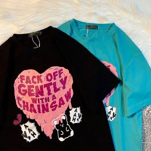 Heart Bear Letter Printed Short Sleeve T-Shirt Loose Summer Women Fashion Half Sleeve Top Casual Round Neck Korean Tees Clothing