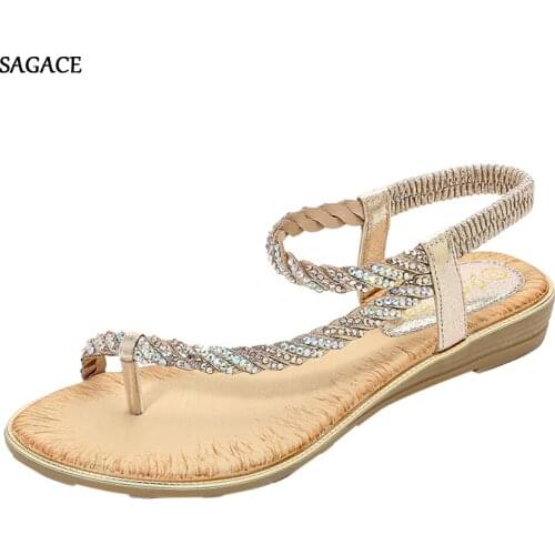 SAGACE Women Ladies Crystal Casual Wedges Elastic Band Bohemian Beach Shoes Sandals Summer Shoes 2020 Beach Vintage Sandalias