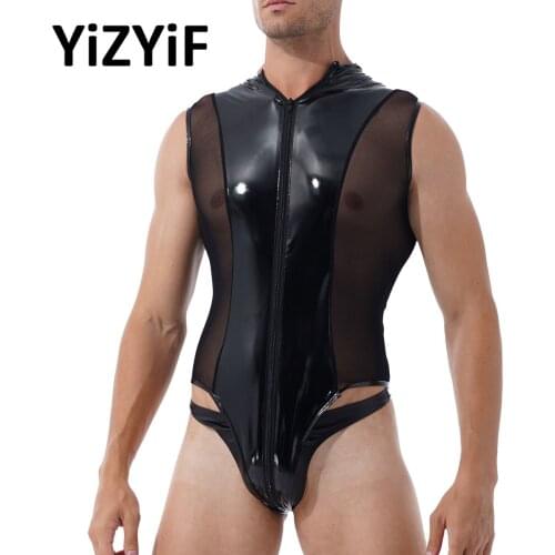 Sexy Mens Wetlook Patent Leather One-piece Sleeveless Front Zipper Thong Leotard Bodysuit Underwear Exotic Clubwear Costume
