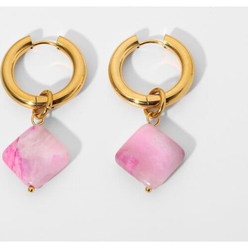 18K Gold Plated Stainless Steel Pink Natural Stone Pendant Huggie Earrings For Women Bohemian Style Circle Earrings Jewelry