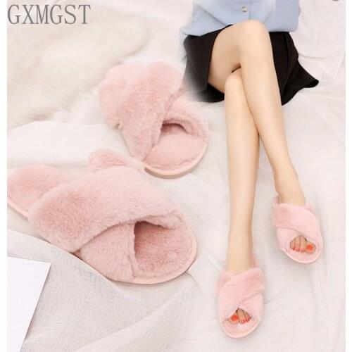 Winter Women House Slippers Faux Fur Fashion Warm Shoes Woman Slip on Flats Female Slides Black Pink Cozy Home Furry Slippers