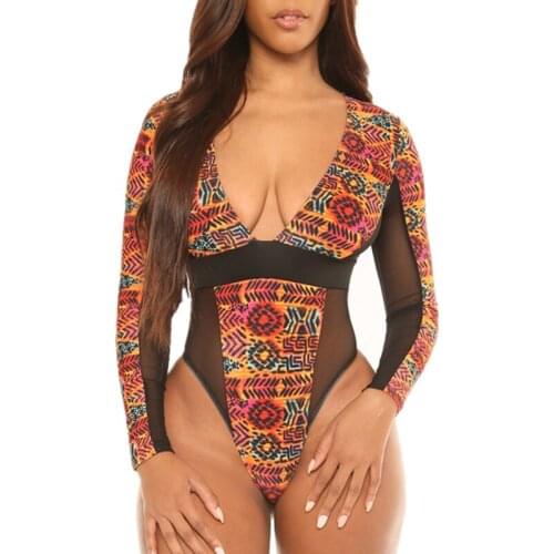 Misswim Vintage mesh one-piece suit V neck patchwork one piece swimsuit Long sleeve high cut swimwear female Print monokini New