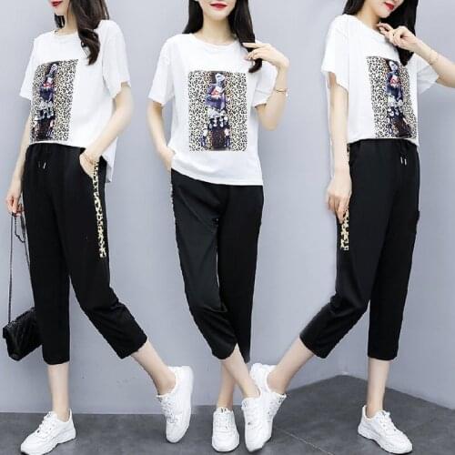 Womens Suit Plus Size New Short-sleeved Cropped Trousers Loose Casual Sports Two-piece Summer Pants Suit Calf-Length Pants