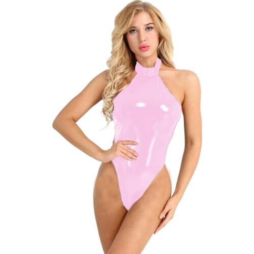 Woman Sexy Vinyl Fetish Bodysuit Sleeveless Plus Size Women Jumpsuit Metallic Shiny Stretch Catsuit PVC Lingerie