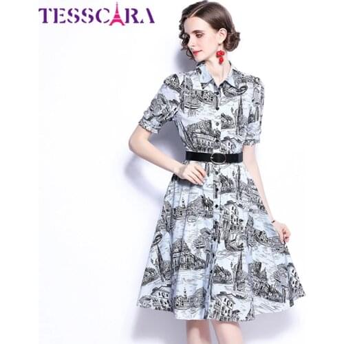 TESSCARA Women Summer Elegant Dress Shirt High Quality Office Cocktail Party Robe Femme Runway Vinatge Designer A-Line Vestidos