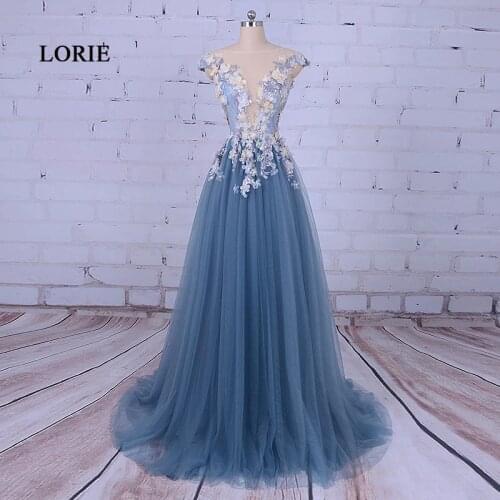 LORIE Evening Dress Woman Scoop NeckDecorated with Flower Tull Blue Prom Dress For Graduation Beauty Pageant Party Gowns 2020