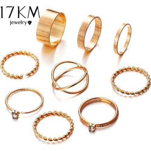 17KM Fashion Geometric Round Knuckle Rings Set For Women Vintage Crystal Twist Weave Finger Ring Female Jewelry Gifts 9 Pcs/Set