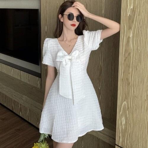 2021 Women Retro Puff Sleeve High Waist Elegant Dresses Soft Girl Korean Kawaii Bow White Mini Dress Japanese Sweet Lolita Dress