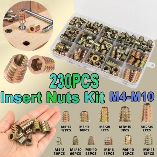 230PCS Assorted Flanged Hex Drive Head Furniture Nuts M4 M6 M8 M10 Zinc alloyl Thread For Wood Insert Nut + Hexagonal Wrench