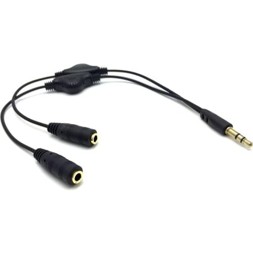 Black 3.5mm Stereo Male to Double 3.5mm Female Audio Headphone Y Splitter Cable with Volume Switch