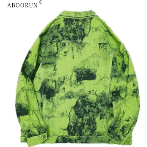 ABOORUN Mens Fashion Tie Dye Printed Denim Jacket Hip Hop Streetwear Oversize Jean Coat for Male