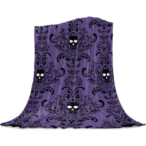 Halloween Skull Pattern Retro Purple Flannel Blanket for Sofa Microfiber Throw Bedspread Blanket Cover for Bed