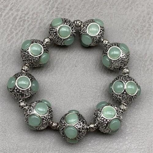 Exquisite Chinese Rare Collectible Tibetan Silver Handwork Inlaid Jade Auspicious Bracelet Statue Handicraft Home Decoration#8