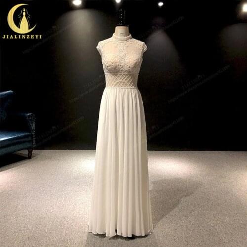 JIALINZEYI Real Picture High Neck Beads Chiffon Floor Length New Bridal wedding Gown Wedding Dresses 2021