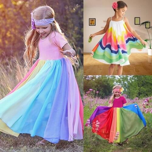 Summer New Girls Clothes Fashion Rainbow Short Sleeve Cotton Color Block Formal Party Dresses for Kids Princess Girls Dress
