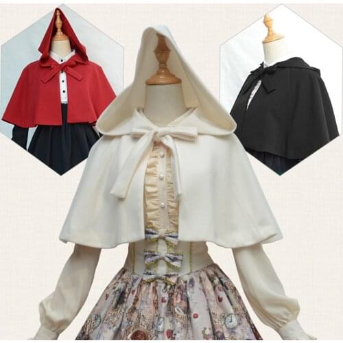 Lolita Girls Little Red Hat Style Short Cape Hooded Lolita Cloak Bow Tie Cute Wool Blend Outwear Color Red, Beige & Black