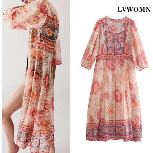 LVWOMN Za Women Blouses 2021 Summer Oversized Vintage Print Robe Chic Long Sleeve Buttons Women Clothing Female Shirts Long Tops