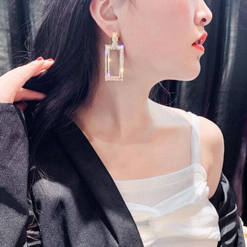 Fashionable and elegant retro Rhinestone womens Pendant Earrings geometric metal multilayer design Square jewelry earrings