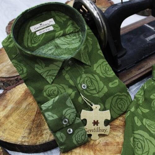 Gentilbay Mens Flowers Printed Viscon Fabric Green Slimfit Long-Sleeve Sport DV1001 Shirt