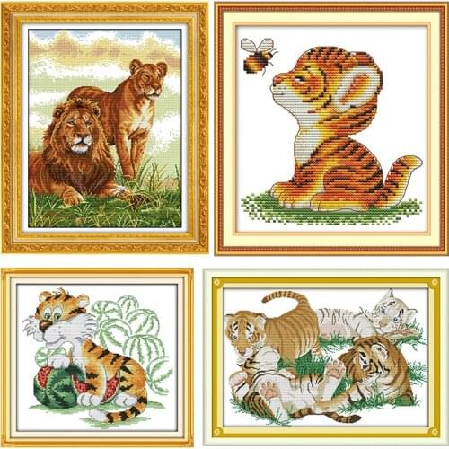 Tiger Series Counted Cross Stitch Kits 11CT14CT Cartoon Printed Pattern Craft DMC Fabric Sewing Needlework Embroidery Sets Decor