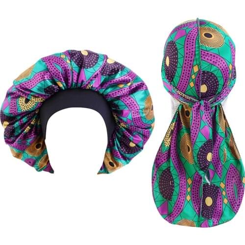 New African Pattern Satin Bonnet And Durag 2pcs Set Couple Hat Unisex Night Sleep Bonnet And Long Tail Pirate Durag