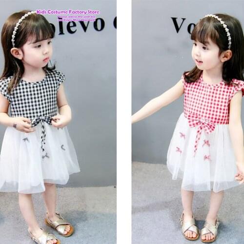 2021 New Kids Mesh Plaid Childrens Dresses Girls Bow Cute Dress Spring Autumn Children 1-6Years Little Girl Casual Dress