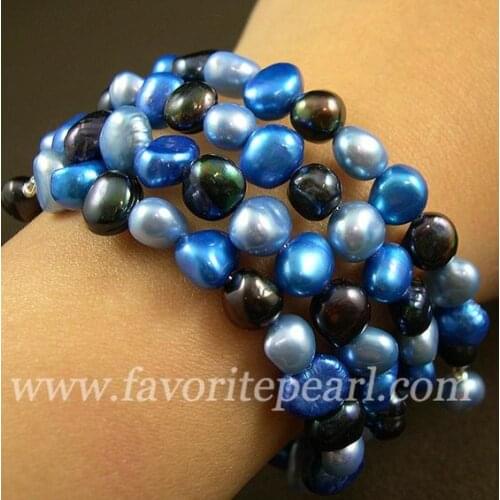 New Arrival Favorite Pearl Bracelet Triple Row 7-8mm Blue Mixed Color Natural Freshwater Pearl Bangle Handmade Fine Jewelry