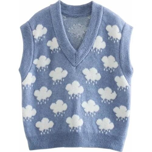 ZA New Women Fashion Knitted Vest Sweater V-neck Sleeveless Printing Loose Female Waistcoat Chic Tops XITIMEAO