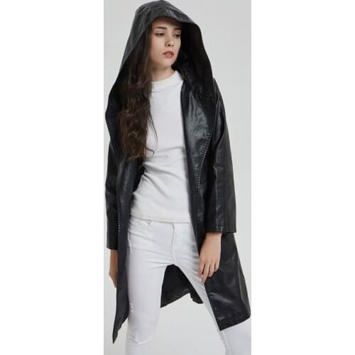 Queechalle 2020 Autumn Winter Long Leather Jacket Womens Fashion Hooded Long Sleeve Loose Coat Outerwear with Belt Black