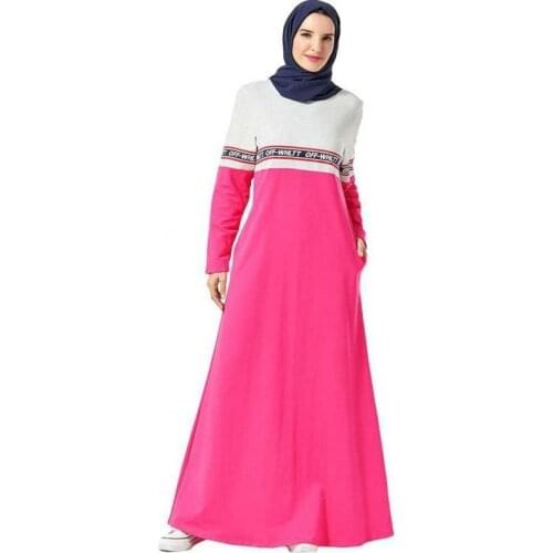 Middle East Abaya Muslim Letter Print Stitching Contrast Pocket Long Skirt With Hijab Arabic Sweater Dress For Women Robe
