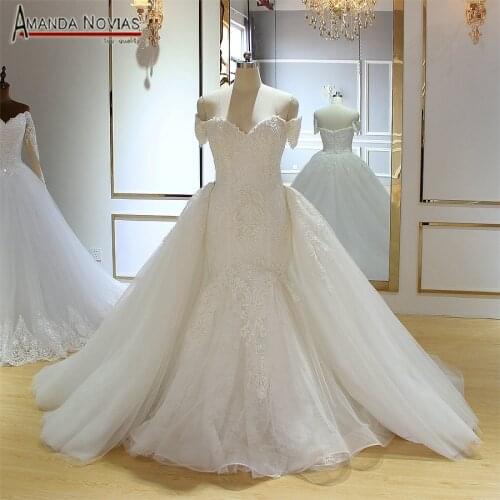 Off the shoulder straps plus size mermaid wedding dress with detachable train