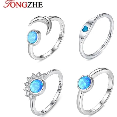 TONGZHE Fashion Flower Moon Heart Opal Rings For Women 925 Sterling Silver Big Knuckle Rings Set Bohemian Jewelry Party Gift